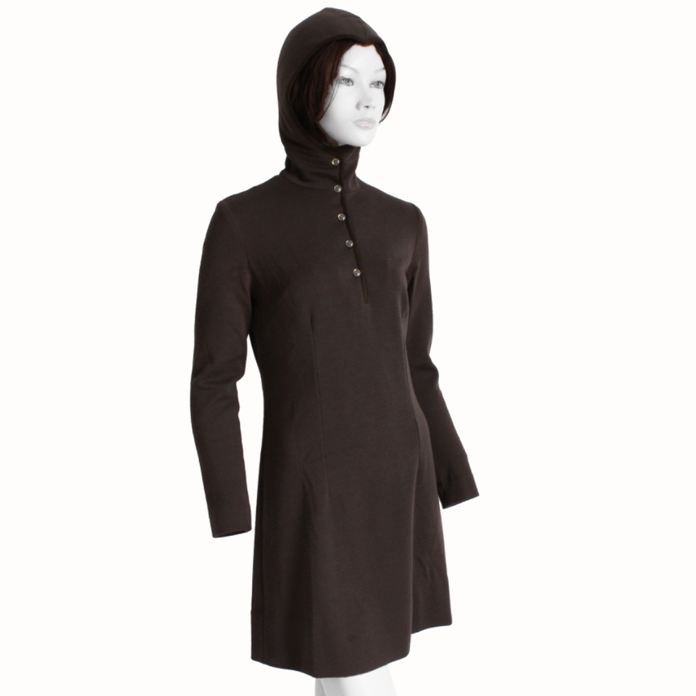 Bonnie Cashin for Sills Madonna Hood Mini Dress Brown Knit Suede Trim 60s Rare